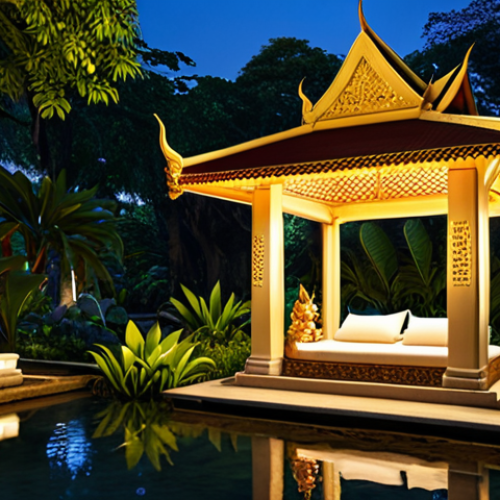 **Prompt:** Thai-style pavilion in a lush garden, water features, traditional Thai sculptures, golden lighting at night, serene atmosphere.