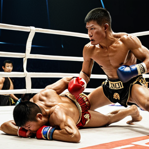 ** A Muay Thai fighter in action during a match. Emphasize the use of fists, feet, knees, and elbows. Capture the intensity and tradition of the sport. Include the Wai Kru pre-fight ritual elements in the background.

**