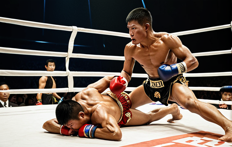 ** A Muay Thai fighter in action during a match. Emphasize the use of fists, feet, knees, and elbows. Capture the intensity and tradition of the sport. Include the Wai Kru pre-fight ritual elements in the background.

**