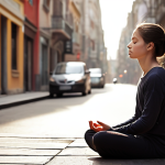 **Prompt:** A serene individual in a tranquil meditation posture, embodying deep inner peace amidst a subtly blurred and fast-moving urban background. Soft, gentle light emanates from their core, symbolizing a calm anchor against the chaos of modern life. The image should convey a sense of finding stillness and peace by slowing down and connecting with breath, highlighting profound serenity in a bustling world.