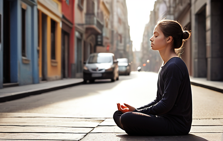 **Prompt:** A serene individual in a tranquil meditation posture, embodying deep inner peace amidst a subtly blurred and fast-moving urban background. Soft, gentle light emanates from their core, symbolizing a calm anchor against the chaos of modern life. The image should convey a sense of finding stillness and peace by slowing down and connecting with breath, highlighting profound serenity in a bustling world.