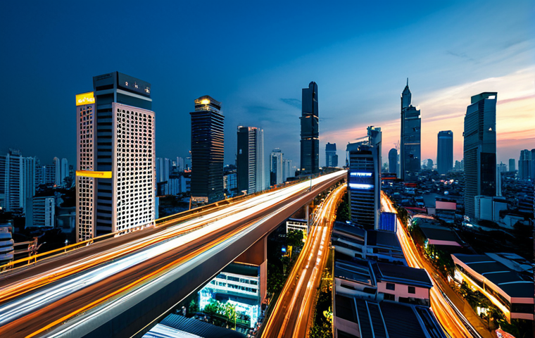 A professional wide-angle shot of a futuristic Thai cityscape at dusk, highlighting advanced digital infrastructure. Sleek, modern high-rise buildings with integrated smart technology are visible, featuring subtle glowing data lines connecting structures and smart streetlights illuminating the roads. Public digital information displays show real-time urban data. In the foreground, a diverse group of fully clothed people, dressed in professional and modest contemporary Thai attire, are seen moving through the bustling scene. The atmosphere is vibrant and efficient, showcasing a technologically advanced urban environment. Professional photography, high resolution, intricate details, perfect anatomy, correct proportions, natural pose, well-formed hands, proper finger count, natural body proportions, safe for work, appropriate content, fully clothed, professional, family-friendly.