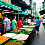 태국의 글로벌 브랜드 성장 - **Prompt:** "A bustling Bangkok street market scene, filled with vendors selling colorful textiles a...