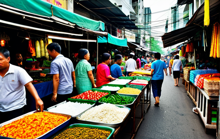태국의 글로벌 브랜드 성장 - **Prompt:** "A bustling Bangkok street market scene, filled with vendors selling colorful textiles a...